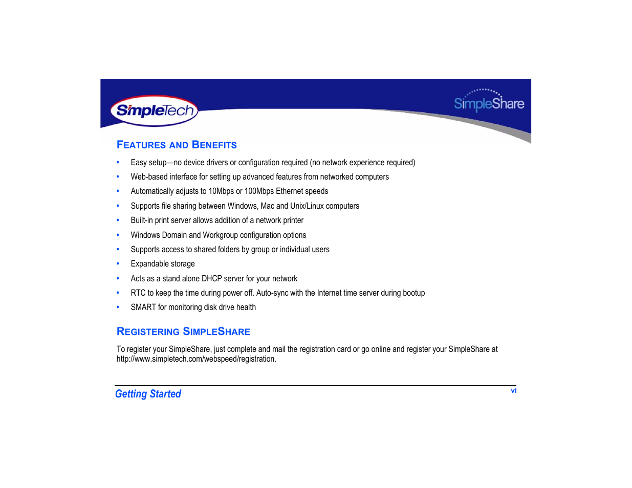 Features and benefits, Registering simpleshare | SimpleTech SimpleShare User Manual | Page 6 / 120