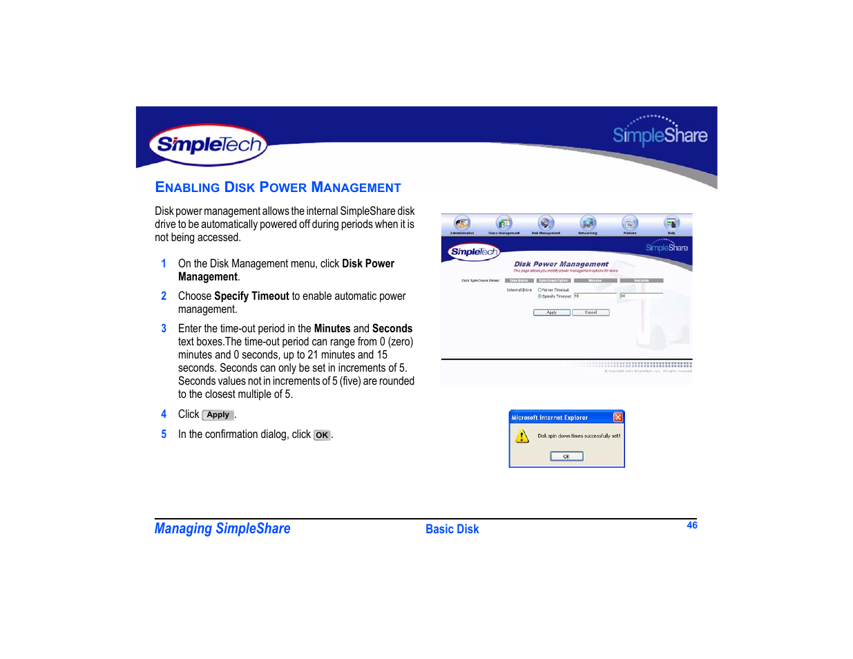 Enabling disk power management, Enabling disk power management 46 | SimpleTech SimpleShare User Manual | Page 60 / 120