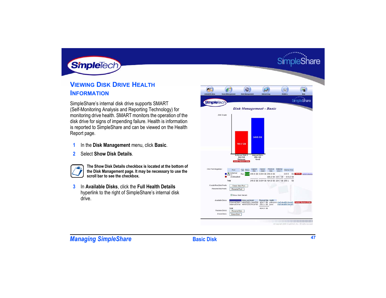 Viewing disk drive health information, Viewing disk drive health information 47 | SimpleTech SimpleShare User Manual | Page 61 / 120