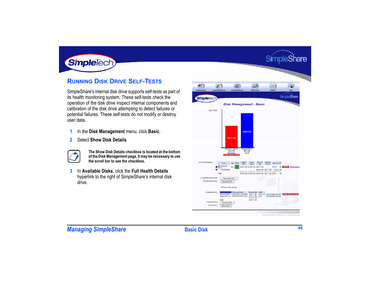 Running disk drive self-tests, Running disk drive self-tests 49 | SimpleTech SimpleShare User Manual | Page 63 / 120