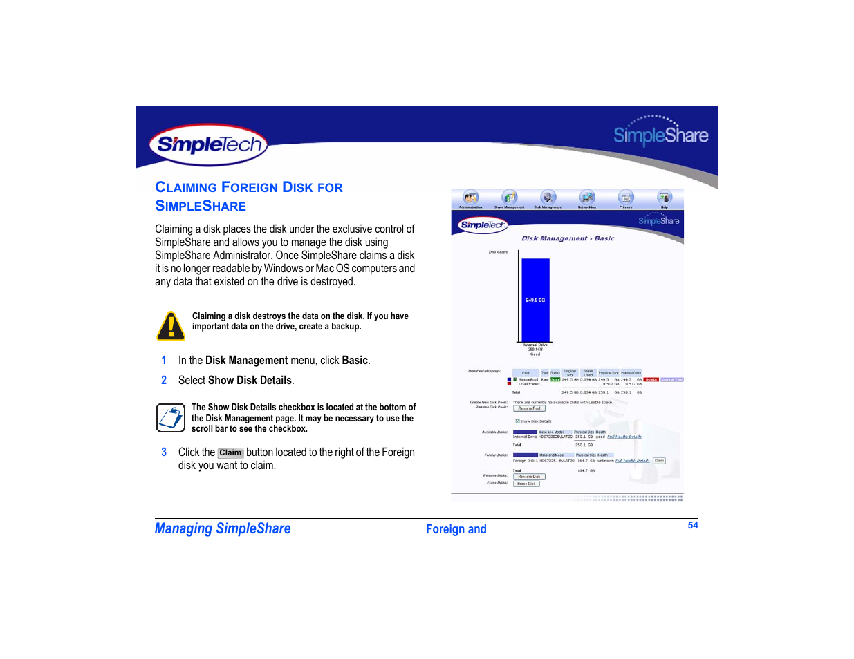 Claiming foreign disk for simpleshare, Claiming foreign disk for simpleshare 54 | SimpleTech SimpleShare User Manual | Page 68 / 120