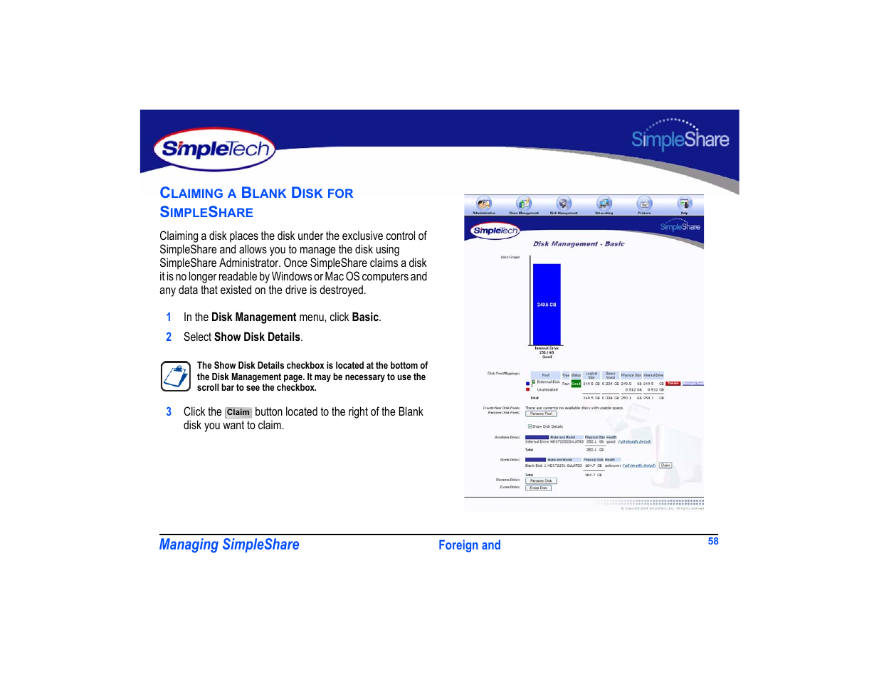 Claiming a blank disk for simpleshare, Claiming a blank disk for simpleshare 58 | SimpleTech SimpleShare User Manual | Page 72 / 120