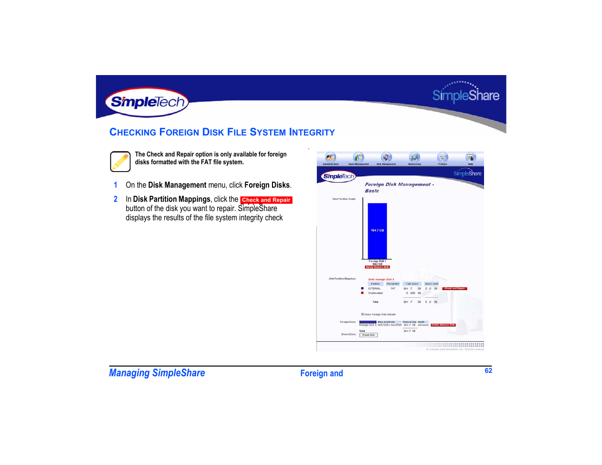 Checking foreign disk file system integrity, Checking foreign disk file system integrity 62 | SimpleTech SimpleShare User Manual | Page 76 / 120