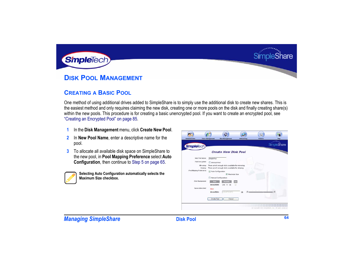 Disk pool management, Creating a basic pool, Creating a basic pool 64 | SimpleTech SimpleShare User Manual | Page 78 / 120