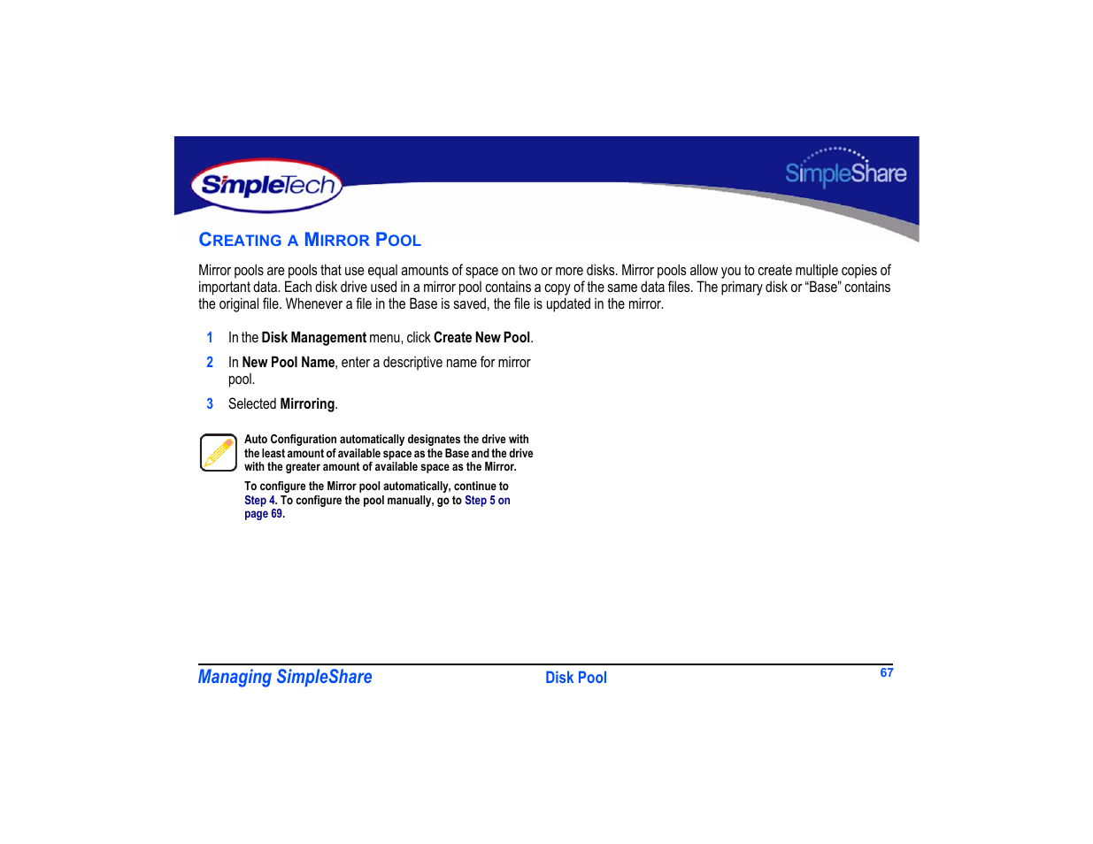 Creating a mirror pool, Creating a mirror pool 67 | SimpleTech SimpleShare User Manual | Page 81 / 120