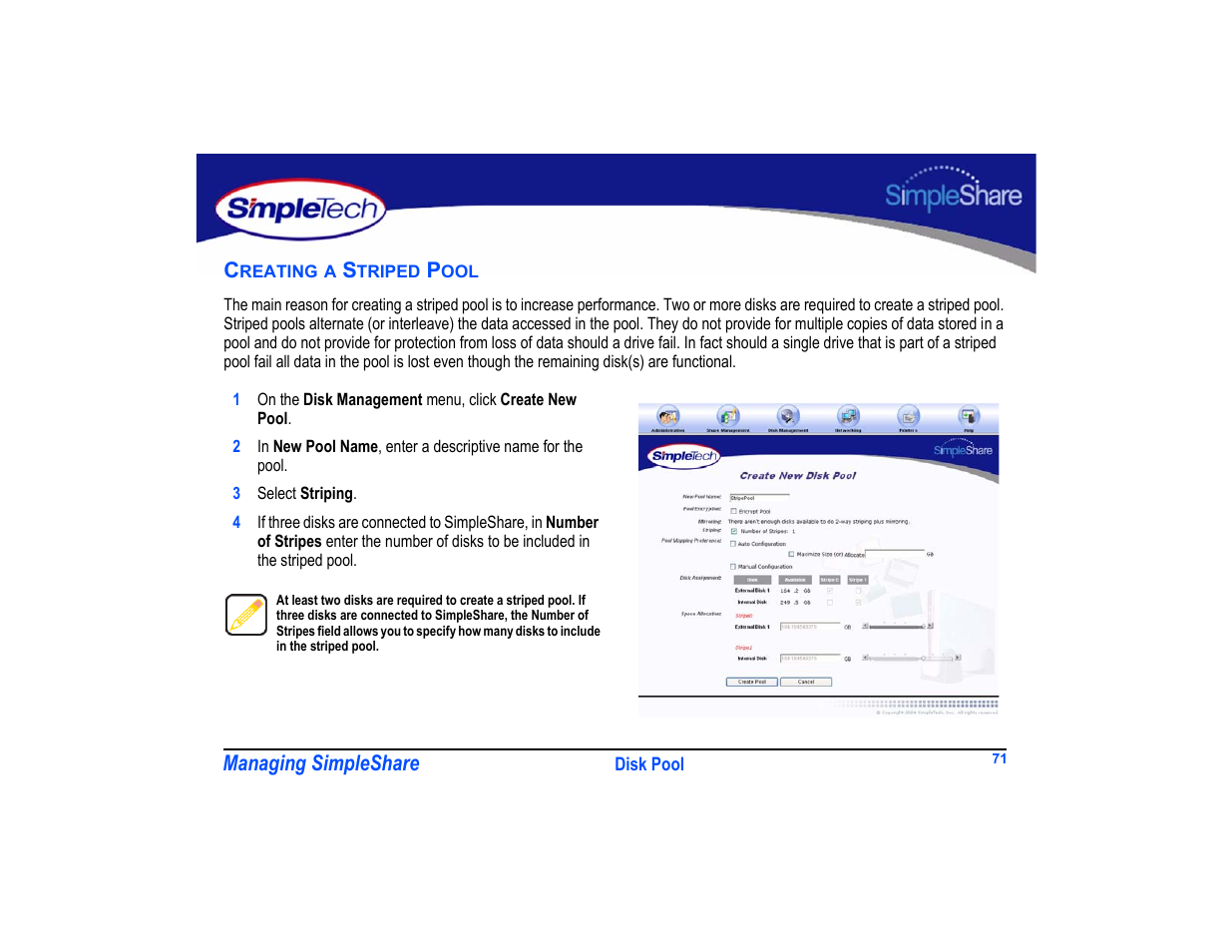 Creating a striped pool, Creating a striped pool 71 | SimpleTech SimpleShare User Manual | Page 85 / 120