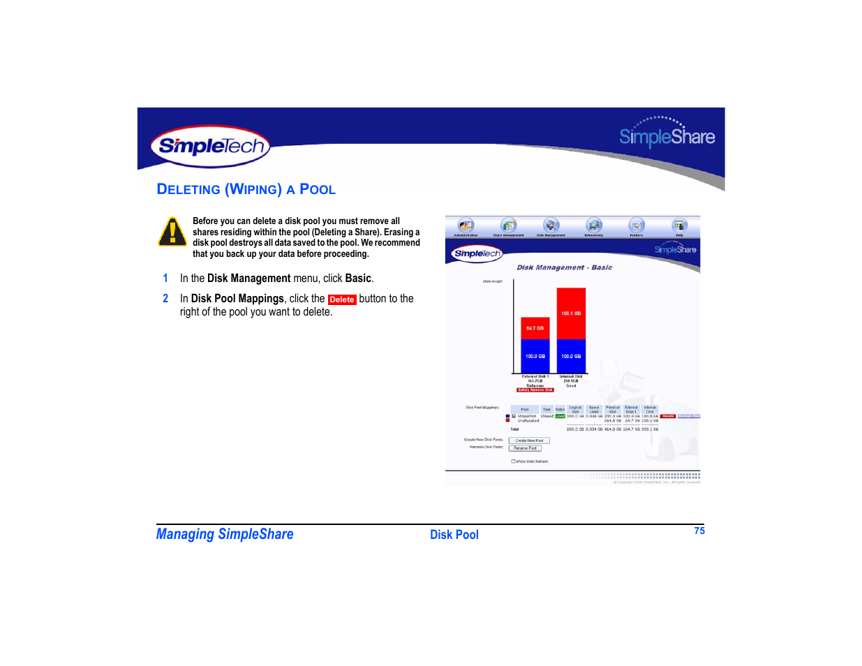 Deleting (wiping) a pool, Deleting (wiping) a pool 75 | SimpleTech SimpleShare User Manual | Page 89 / 120