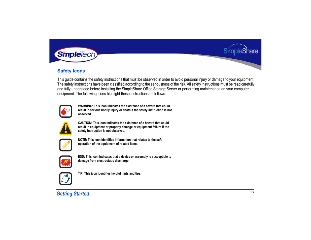 Safety icons, Getting started | SimpleTech SimpleShare User Manual | Page 9 / 120