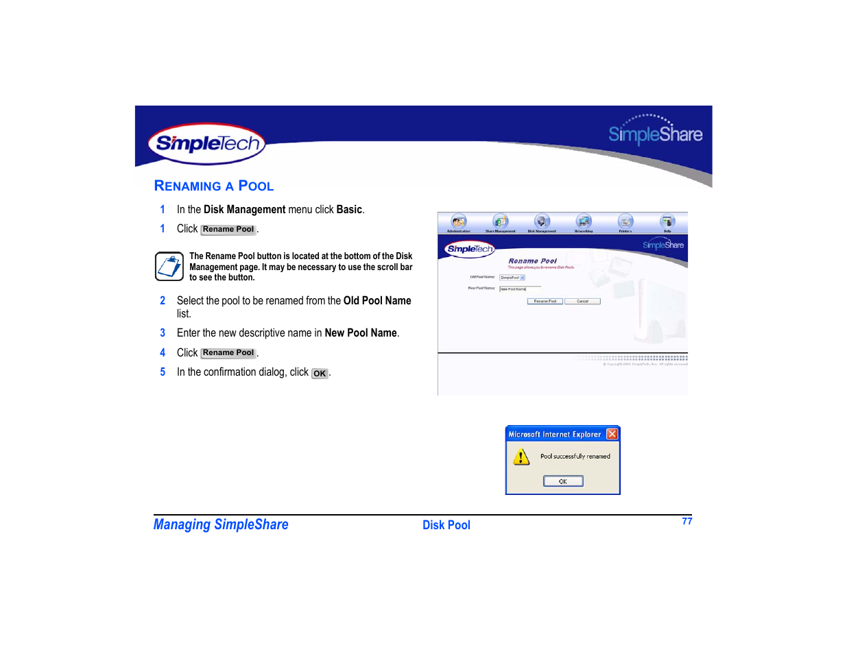 Renaming a pool, Renaming a pool 77 | SimpleTech SimpleShare User Manual | Page 91 / 120