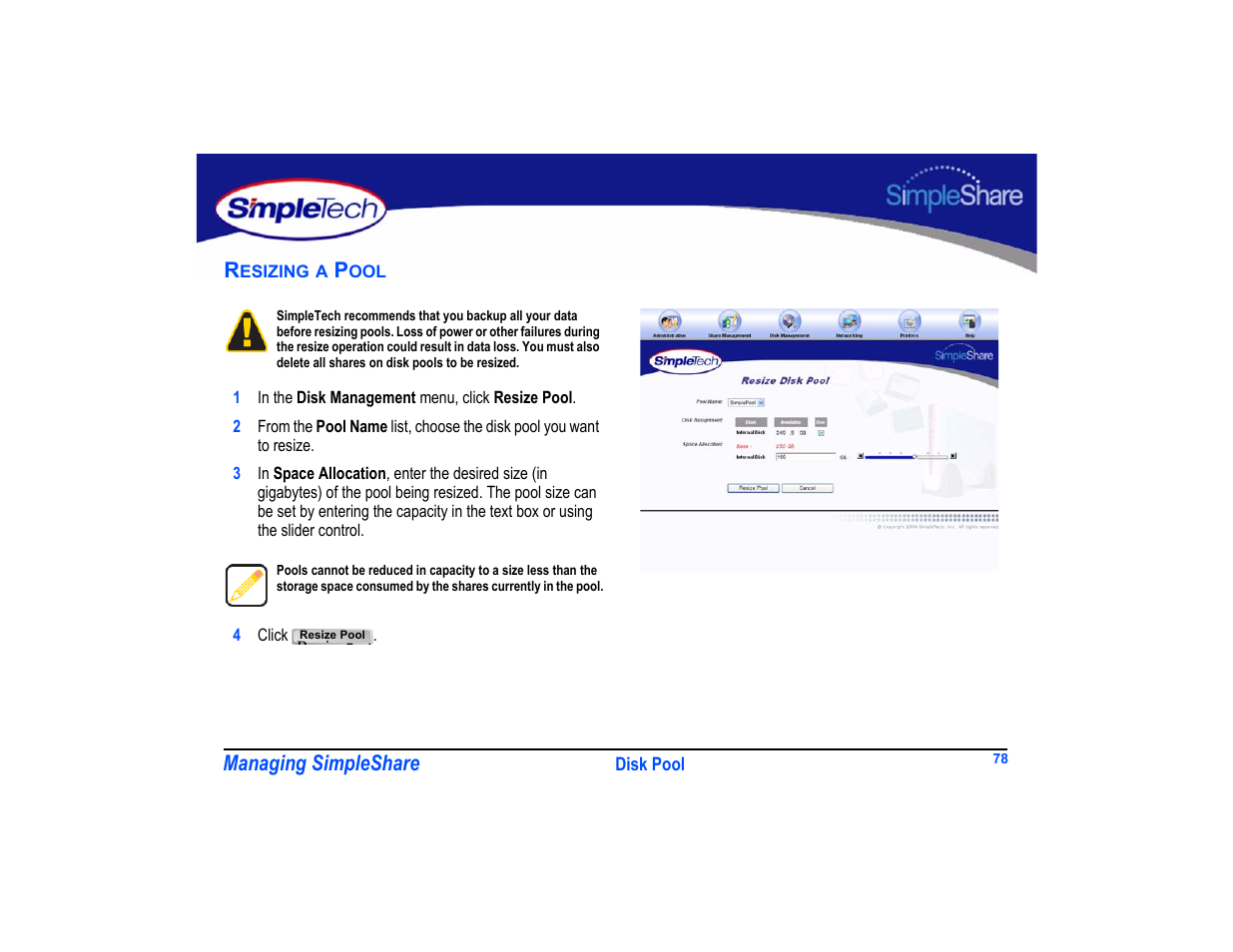 Resizing a pool, Resizing a pool 78, Managing simpleshare | SimpleTech SimpleShare User Manual | Page 92 / 120