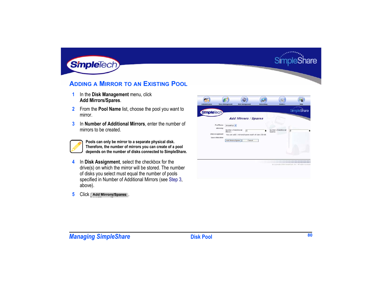 Adding a mirror to an existing pool, Adding a mirror to an existing pool 80 | SimpleTech SimpleShare User Manual | Page 94 / 120