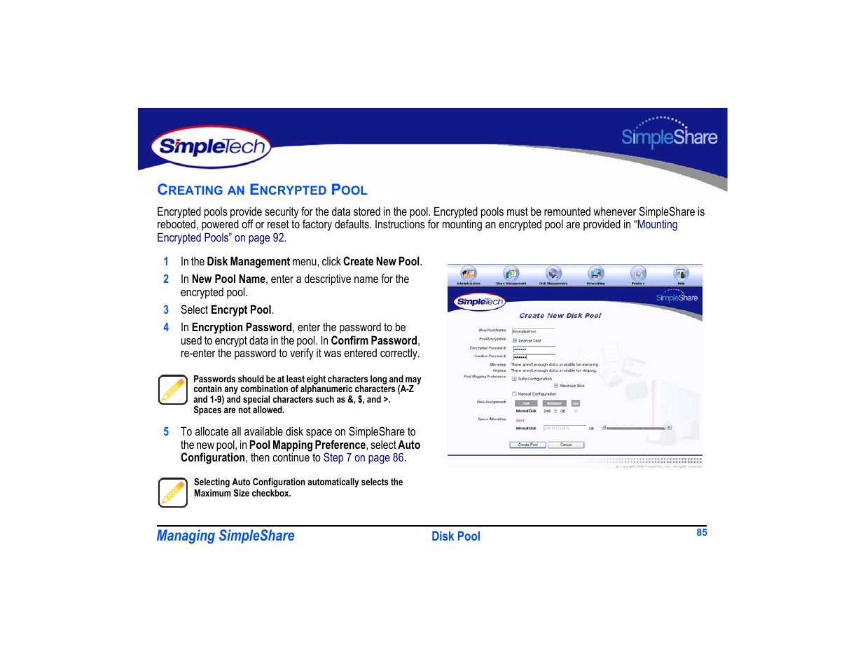 Creating an encrypted pool, Creating an encrypted pool 85 | SimpleTech SimpleShare User Manual | Page 99 / 120