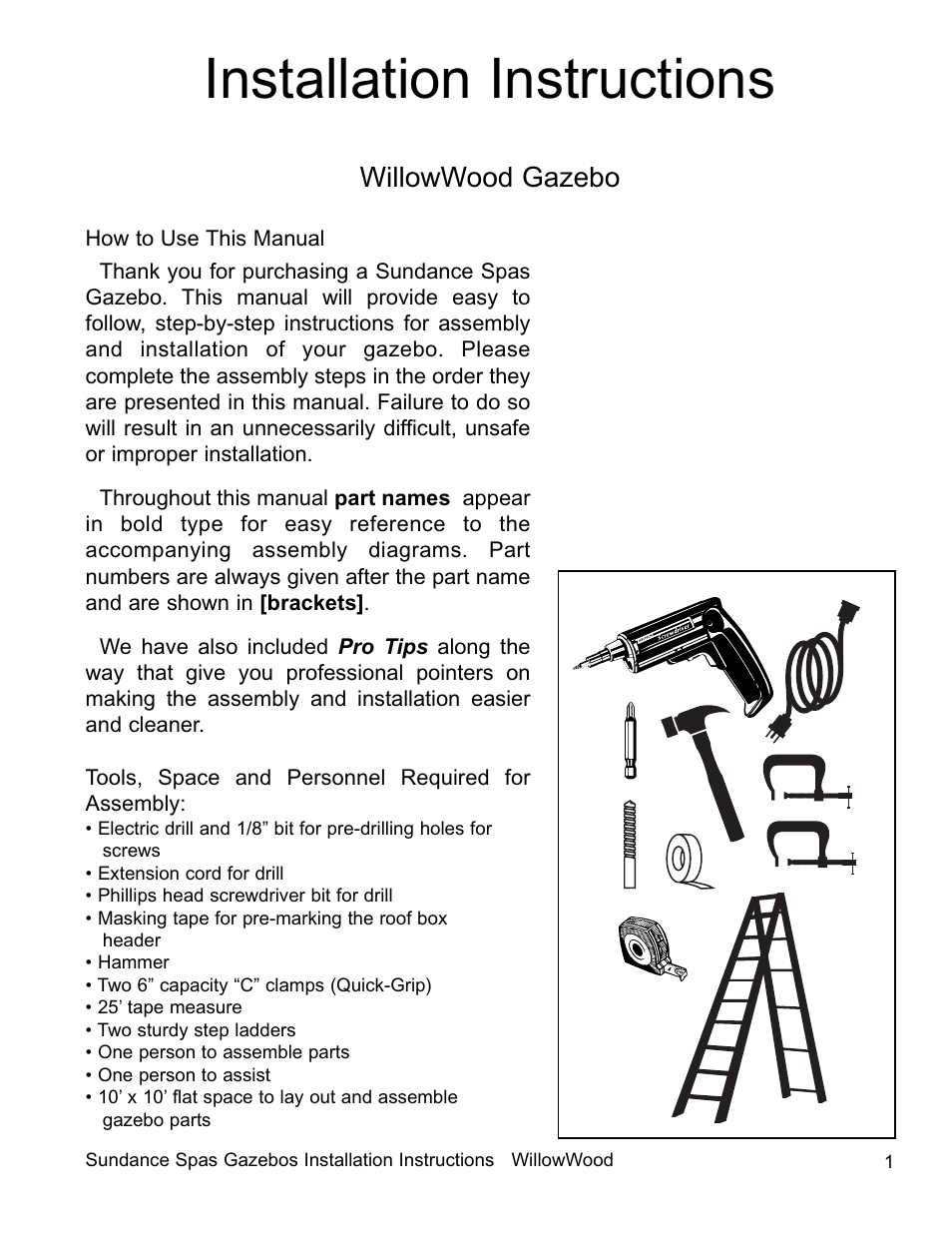 Installation instructions, Willowwood gazebo | Sundance Spas 7'7-inch x 7'7-inch and Smaller User Manual | Page 2 / 20