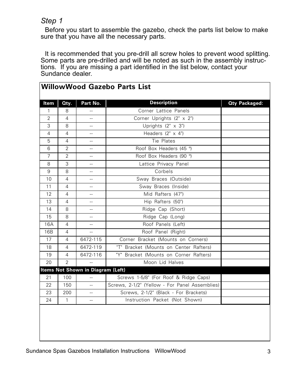 Step 1, Willowwood gazebo parts list | Sundance Spas 7'7-inch x 7'7-inch and Smaller User Manual | Page 4 / 20