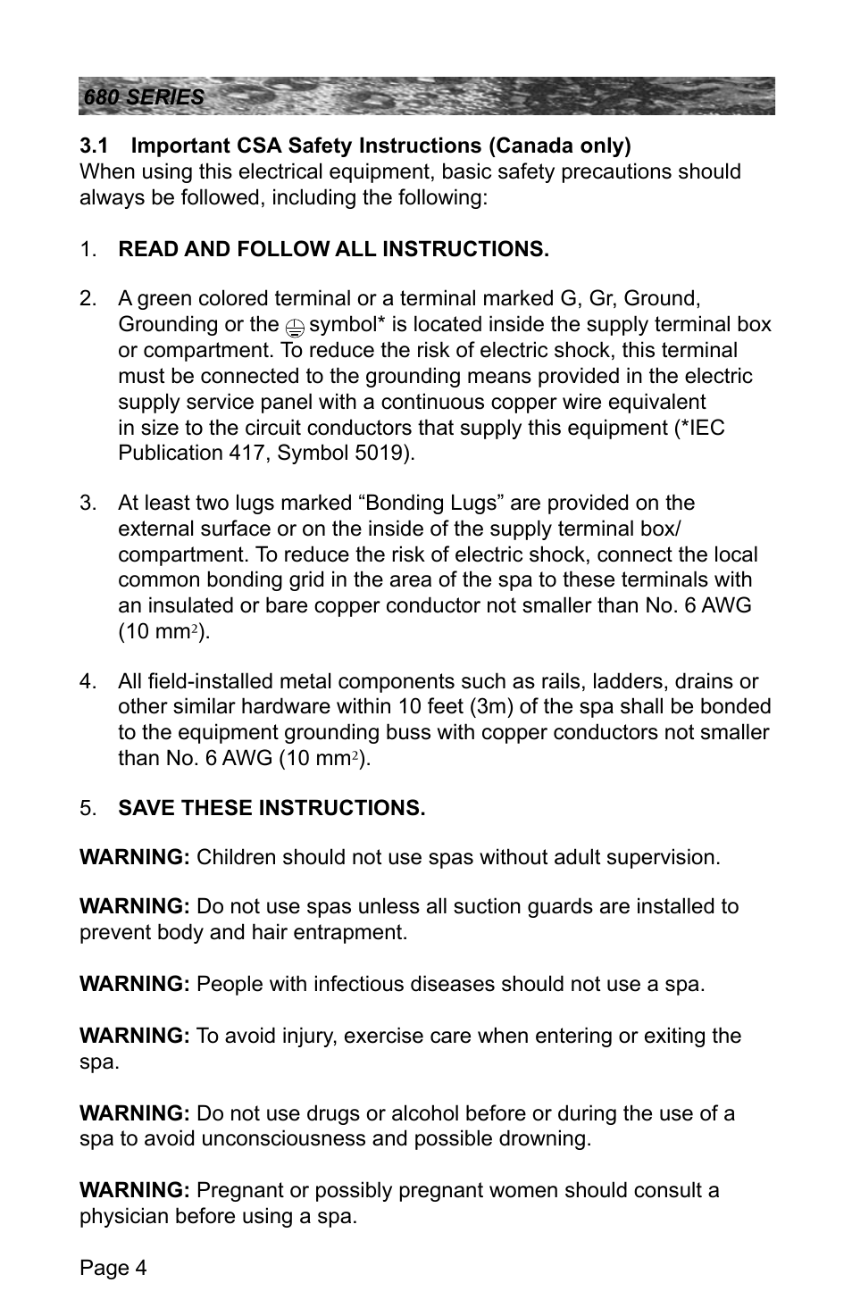1 important csa safety instructions (canada only), Important csa safety instructions (canada only) | Sundance Spas 680 User Manual | Page 10 / 60