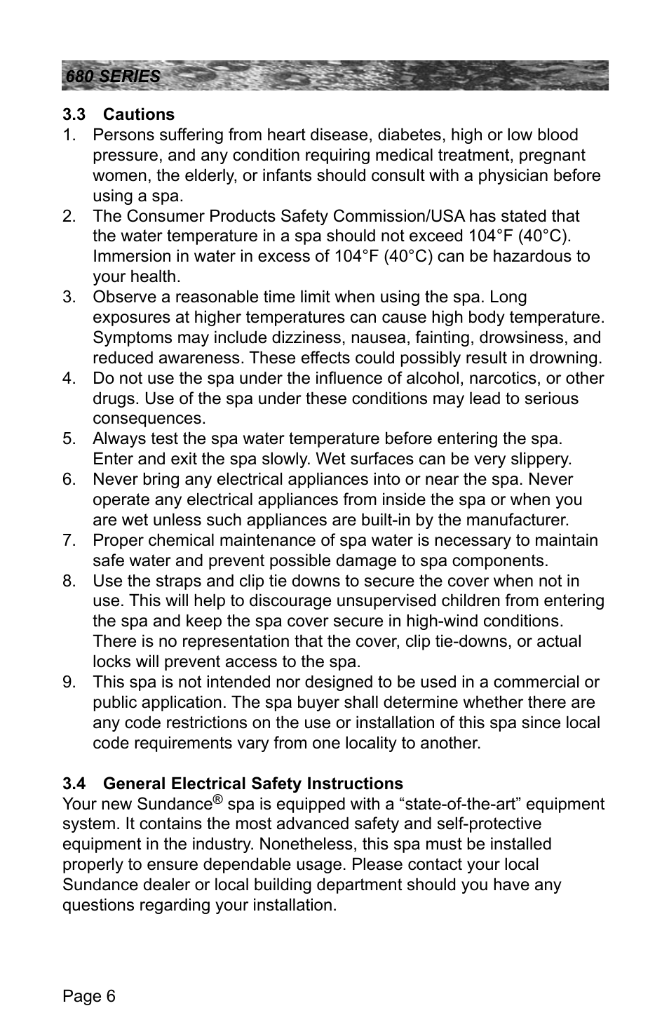 3 cautions, 4 general electrical safety instructions, Cautions | General electrical safety instructions | Sundance Spas 680 User Manual | Page 12 / 60