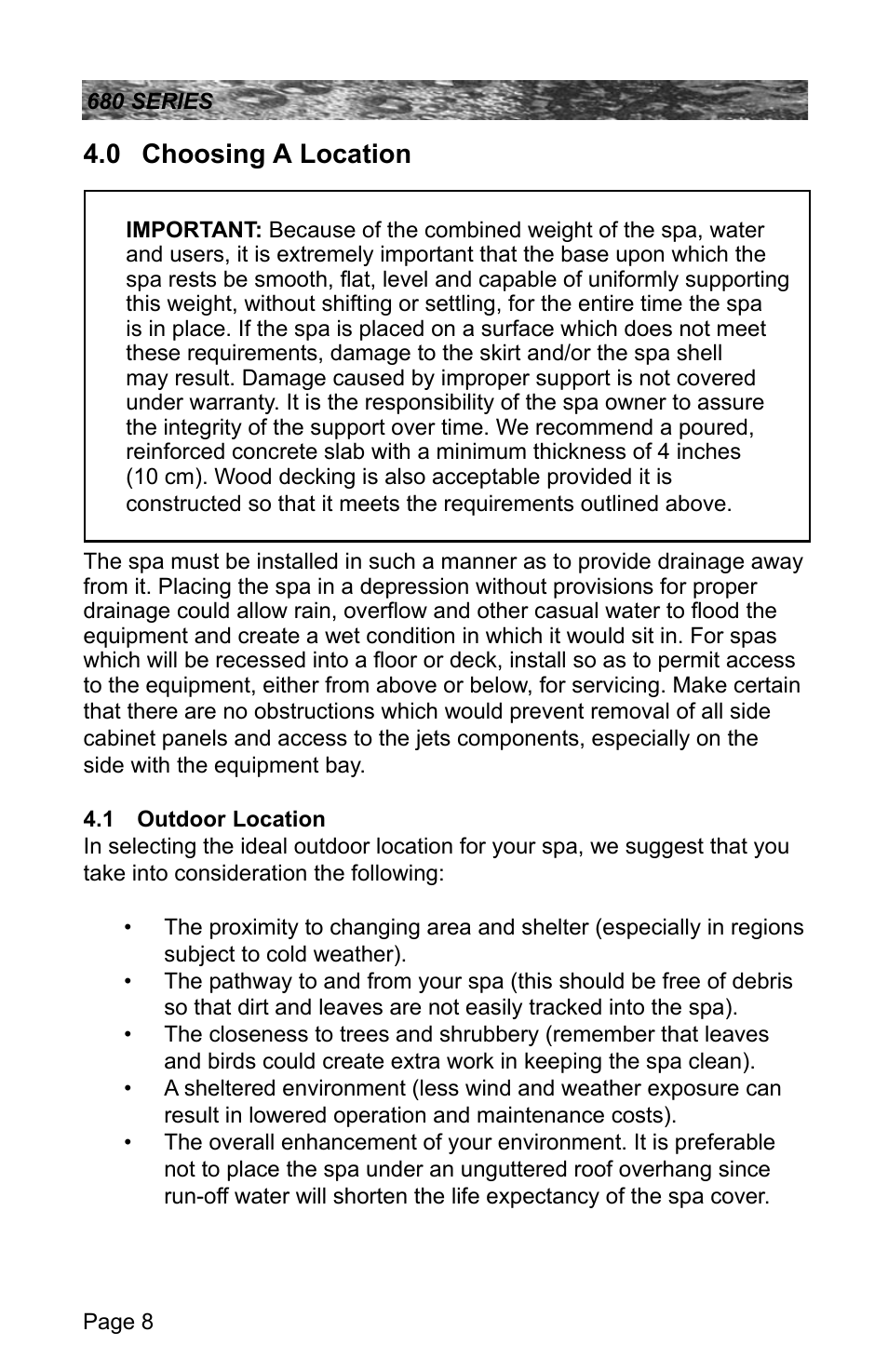 0 choosing a location, 1 outdoor location, Choosing a location | Outdoor location | Sundance Spas 680 User Manual | Page 14 / 60