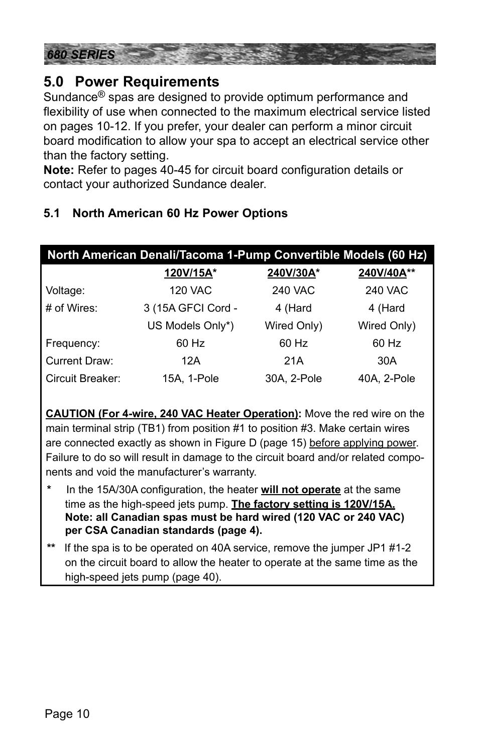 0 power requirements, 1 north american 60 hz power options, Power requirements | North american 60 hz power options | Sundance Spas 680 User Manual | Page 16 / 60