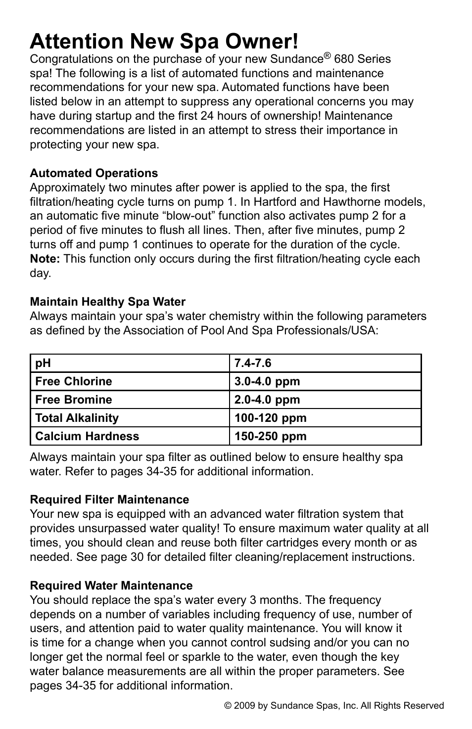 Attention new spa owner | Sundance Spas 680 User Manual | Page 2 / 60