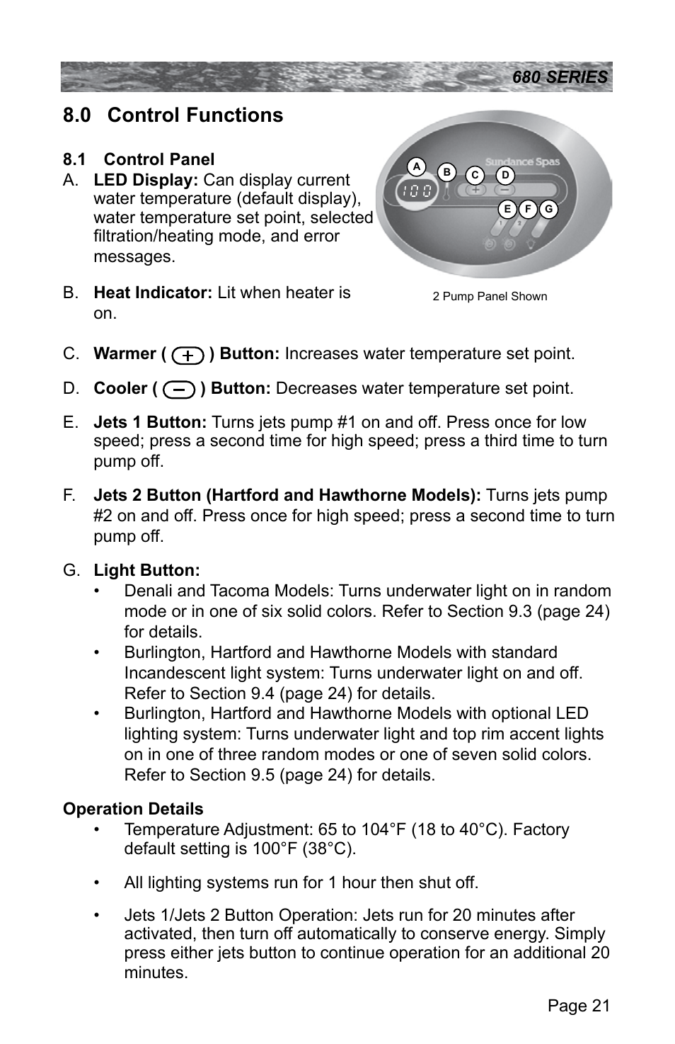0 control functions, 1 control panel, Control functions | Control panel | Sundance Spas 680 User Manual | Page 27 / 60