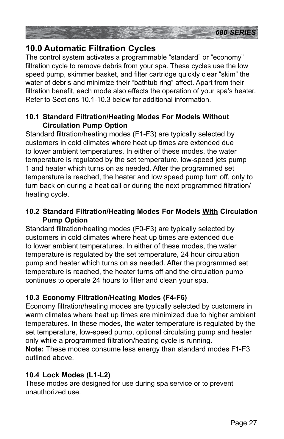 0 automatic filtration cycles, 3 economy filtration/heating modes (f4-f6), 4 lock modes (l1-l2) | Automatic filtration cycles, Economy filtration/heating modes (f4-f6), Lock modes (l1-l2) | Sundance Spas 680 User Manual | Page 33 / 60