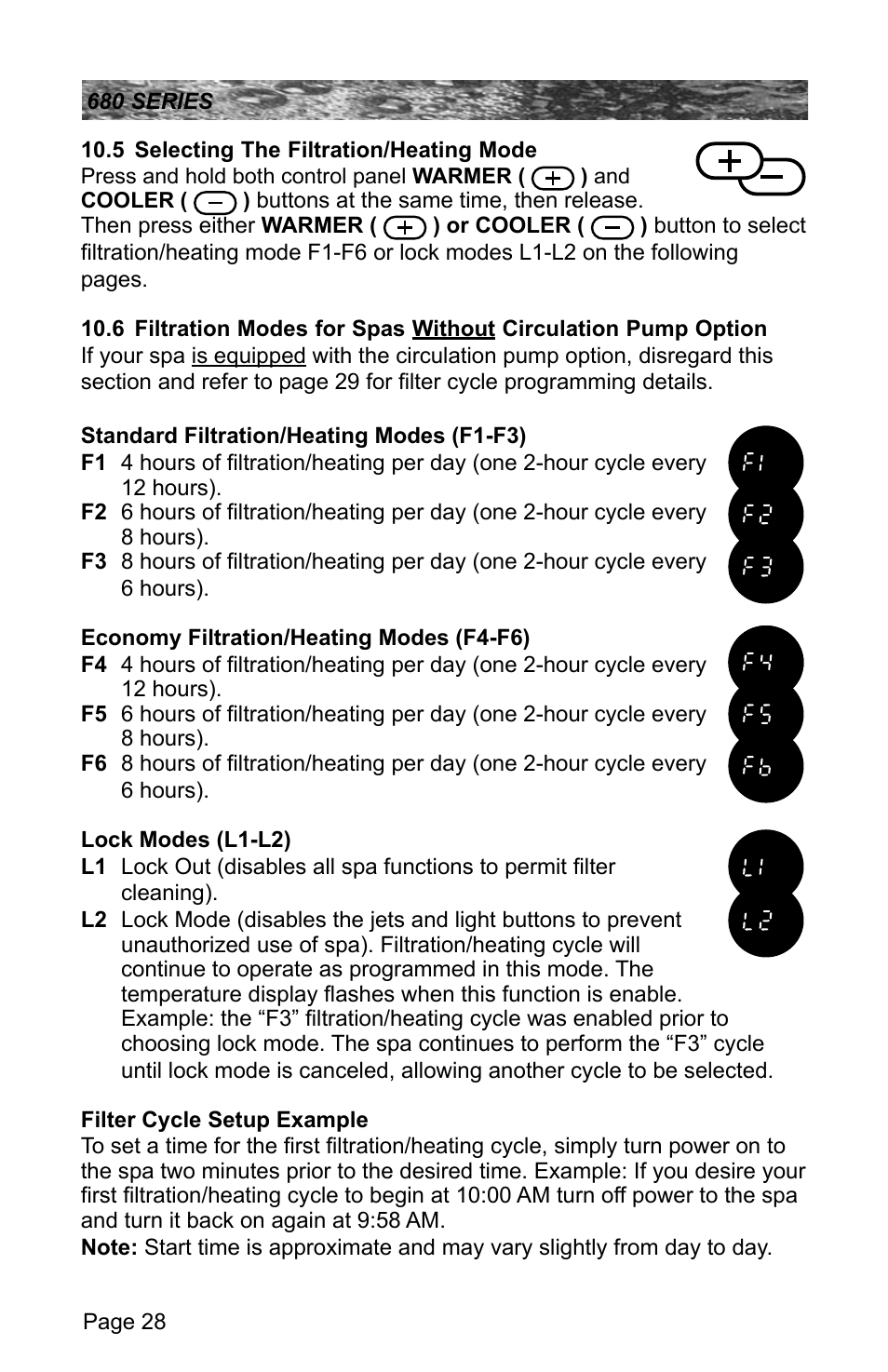 5 selecting the filtration/heating mode, Selecting the filtration/heating mode | Sundance Spas 680 User Manual | Page 34 / 60