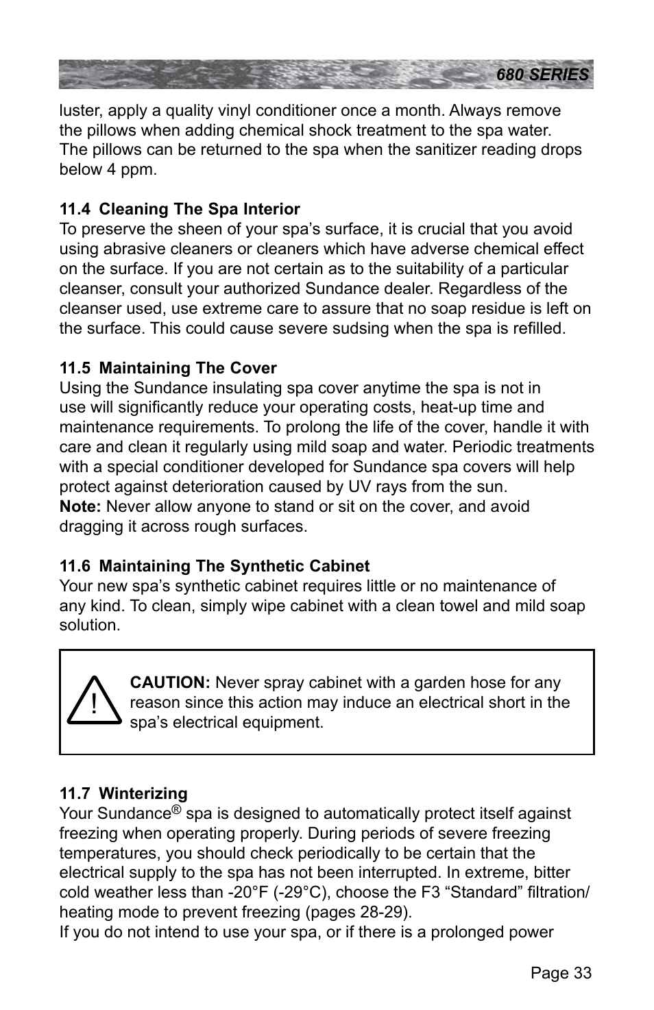 4 cleaning the spa interior, 5 maintaining the cover, 6 maintaining the synthetic cabinet | 7 winterizing, Cleaning the spa interior, Maintaining the cover, Maintaining the synthetic cabinet, Winterizing | Sundance Spas 680 User Manual | Page 39 / 60