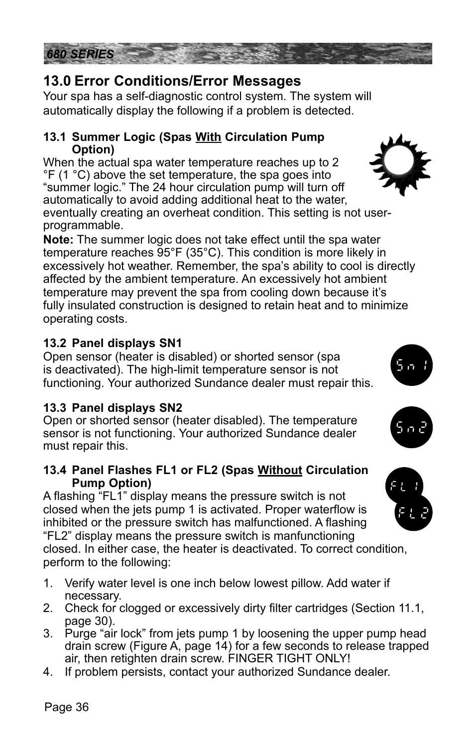 0 error conditions/error messages, 1 summer logic (spas with circulation pump option), 2 panel displays sn1 | 3 panel displays sn2, Error conditions/error messages, Summer logic (spas with circulation pump option), Panel displays sn1, Panel displays sn2, Panel flashes fl1 or fl2 (spas without, Circulation pump option) | Sundance Spas 680 User Manual | Page 42 / 60