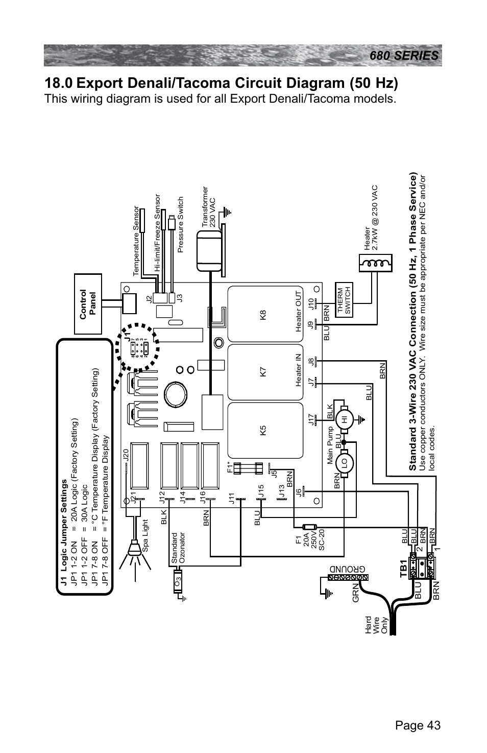0 export denali/tacoma circuit diagram (50 hz), Export denali/tacoma circuit diagram (50 hz) | Sundance Spas 680 User Manual | Page 49 / 60