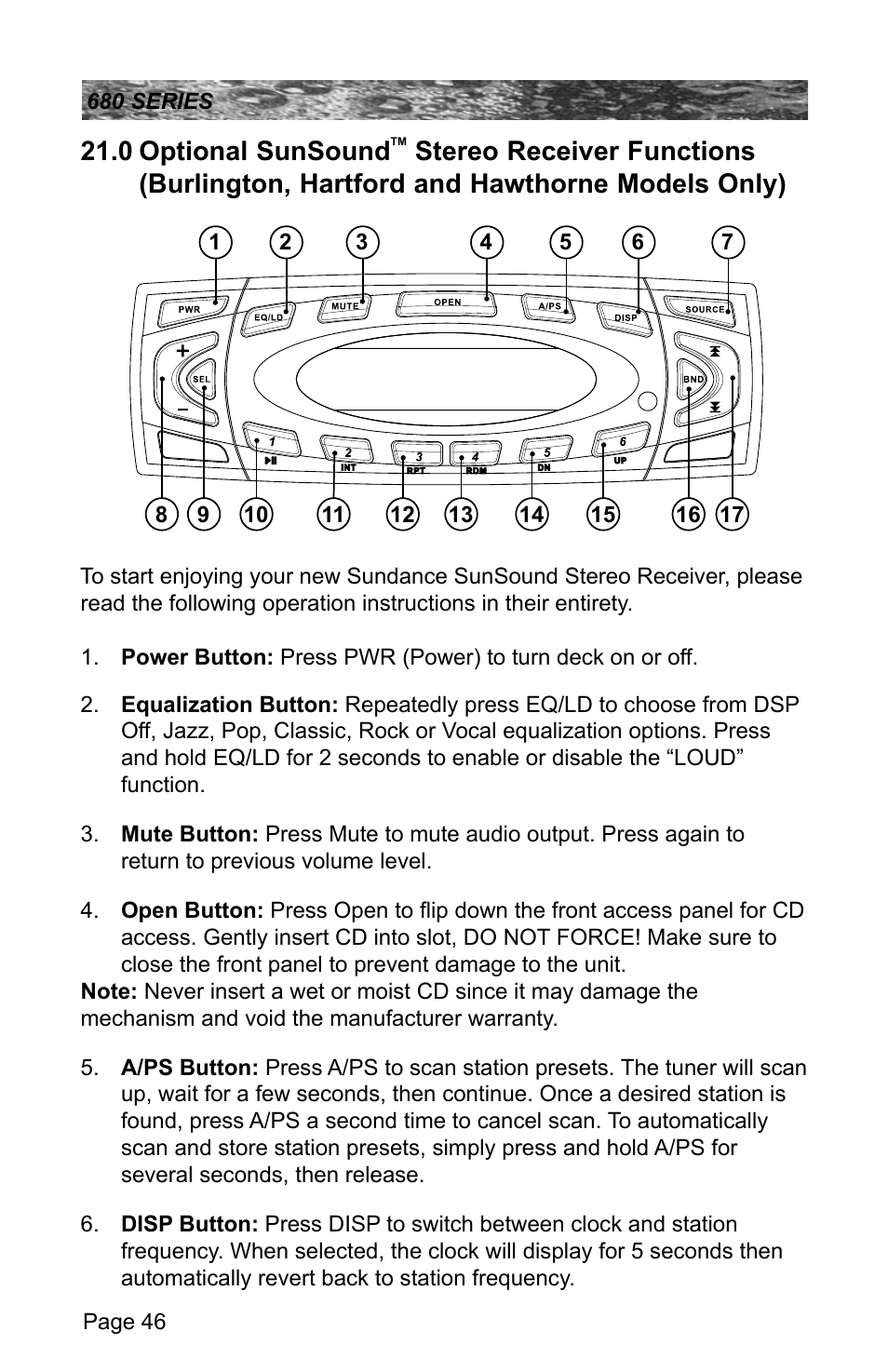 Optional sunsound, Stereo receiver functions, Burlington, hartford and hawthorne models only) | 0 optional sunsound | Sundance Spas 680 User Manual | Page 52 / 60