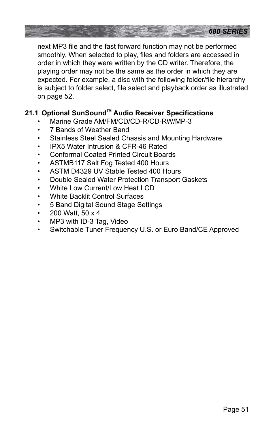 Optional sunsound, Audio receiver specifications | Sundance Spas 680 User Manual | Page 57 / 60
