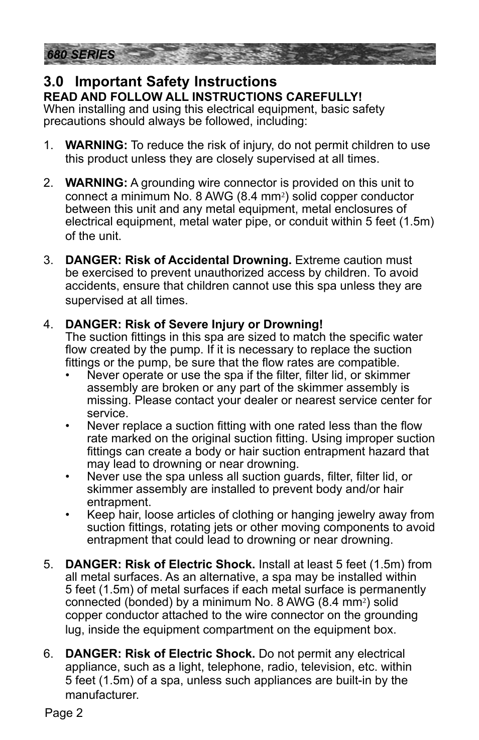 0 important safety instructions, Important safety instructions | Sundance Spas 680 User Manual | Page 8 / 60