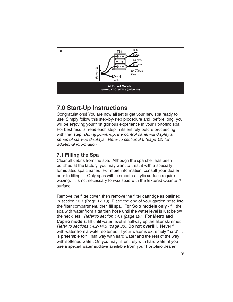 0 start-up instructions, 1 filling the spa | Sundance Spas Portofino Series User Manual | Page 13 / 44