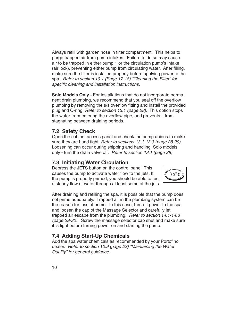 2 safety check, 3 initiating water circulation, 4 adding start-up chemicals | Sundance Spas Portofino Series User Manual | Page 14 / 44