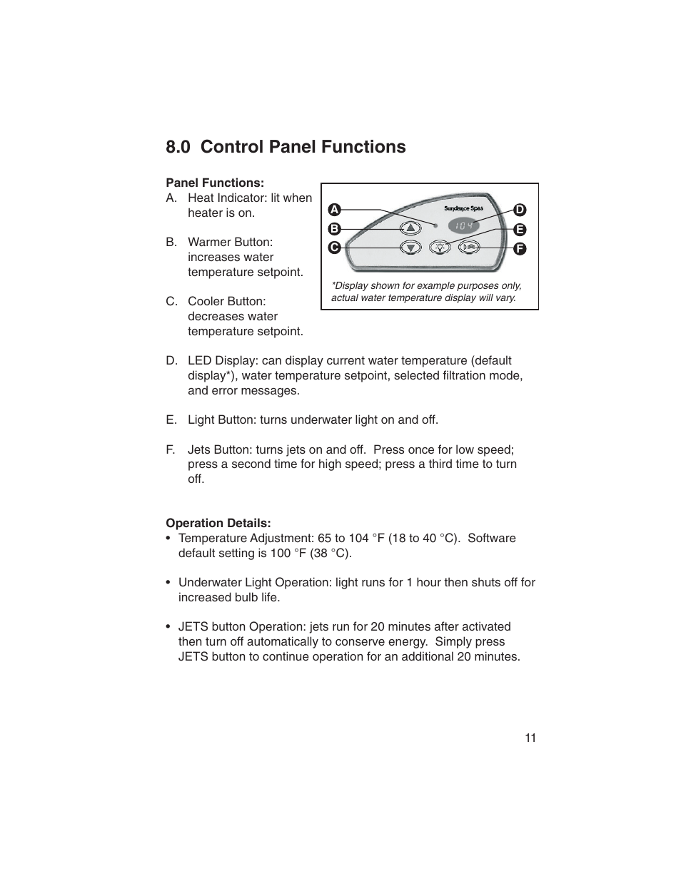 0 control panel functions, Panel functions, Operation details | Sundance Spas Portofino Series User Manual | Page 15 / 44