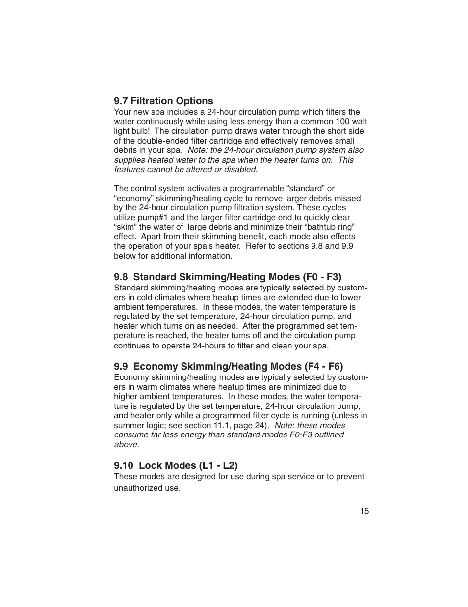 7 filtration options, 8 standard skimming/heating modes (f0 - f3), 9 economy skimming/heating modes (f4 - f6) | 10 lock modes (l1 - l2) | Sundance Spas Portofino Series User Manual | Page 19 / 44