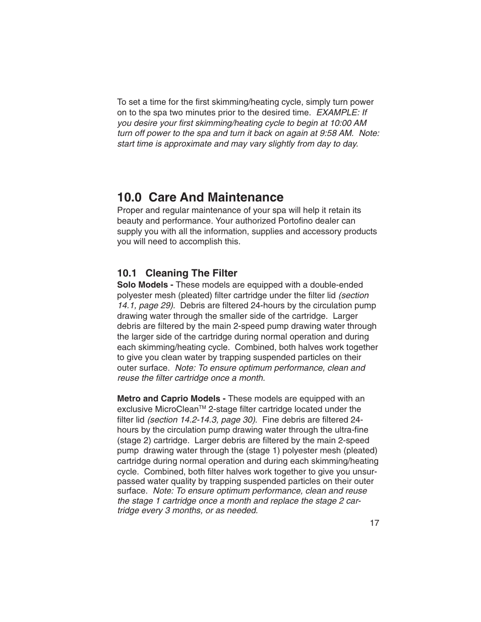 0 care and maintenance, 1 cleaning the filter | Sundance Spas Portofino Series User Manual | Page 21 / 44