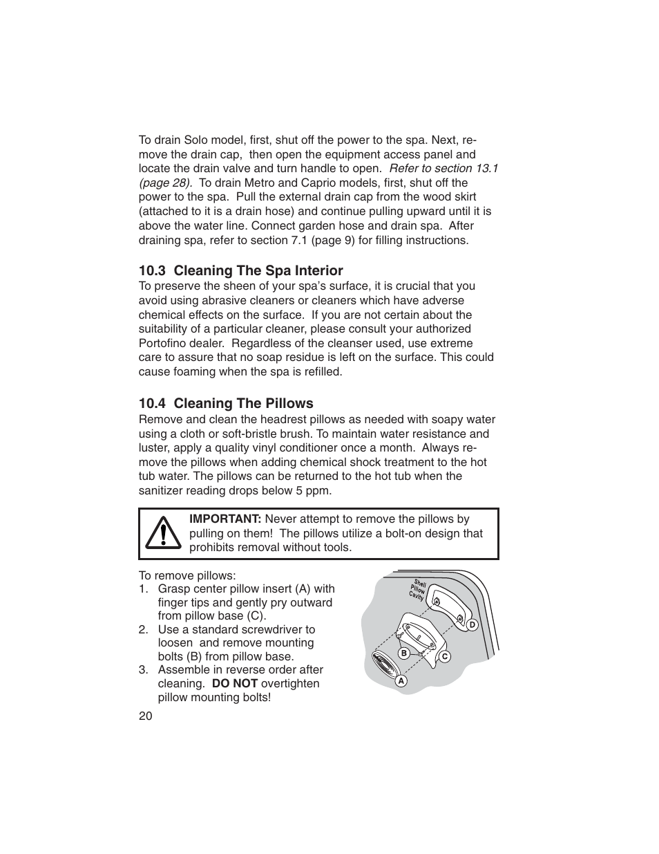 3 cleaning the spa interior, 4 cleaning the pillows | Sundance Spas Portofino Series User Manual | Page 24 / 44