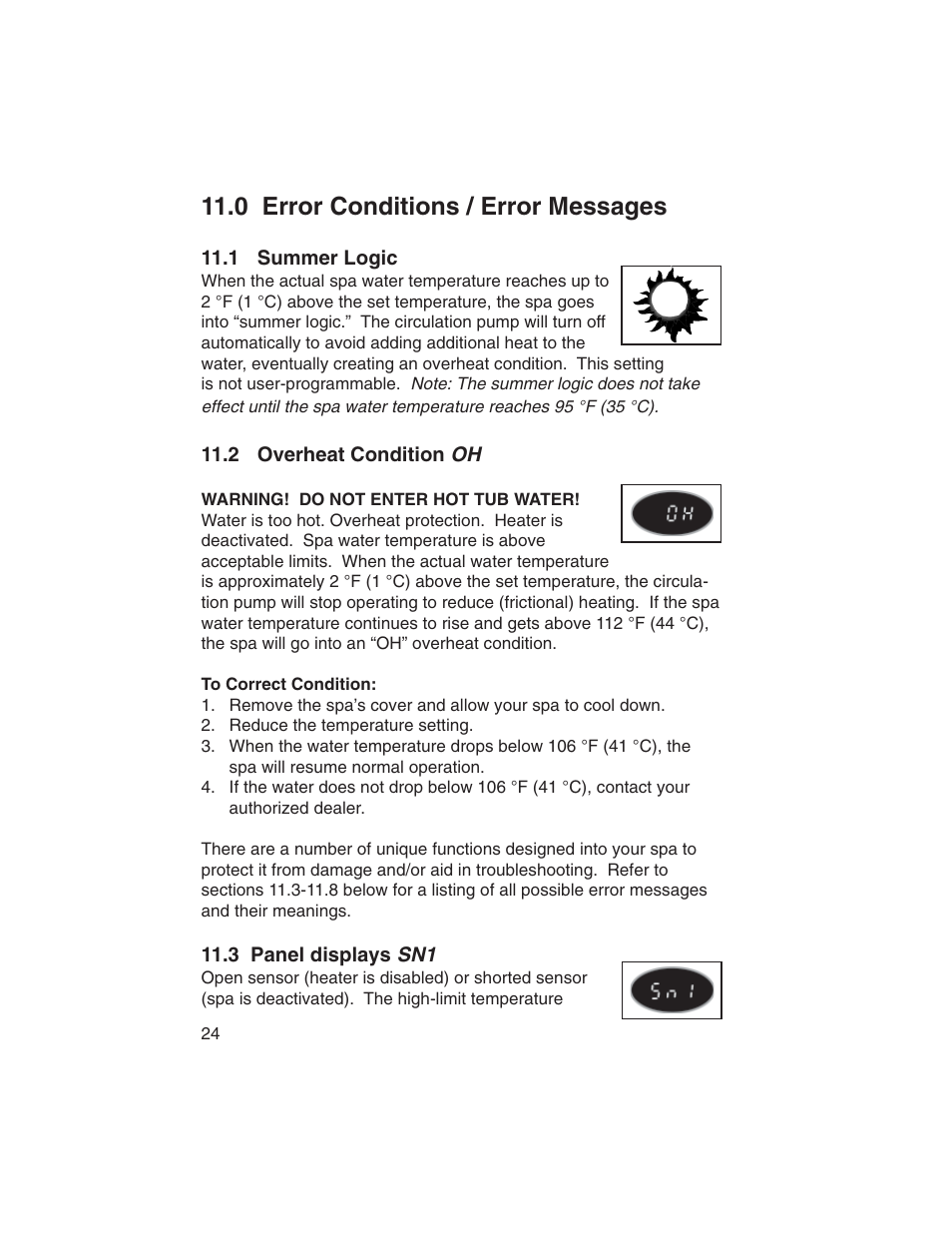 0 error conditions / error messages, 1 summer logic, 2 overheat condition oh | 3 panel displays sn1 | Sundance Spas Portofino Series User Manual | Page 28 / 44