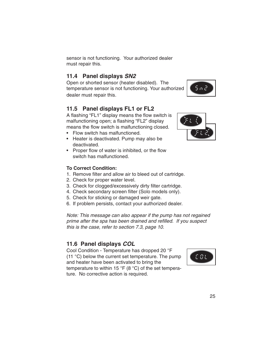 4 panel displays sn2, 5 panel displays fl1 or fl2, 6 panel displays col | Sundance Spas Portofino Series User Manual | Page 29 / 44