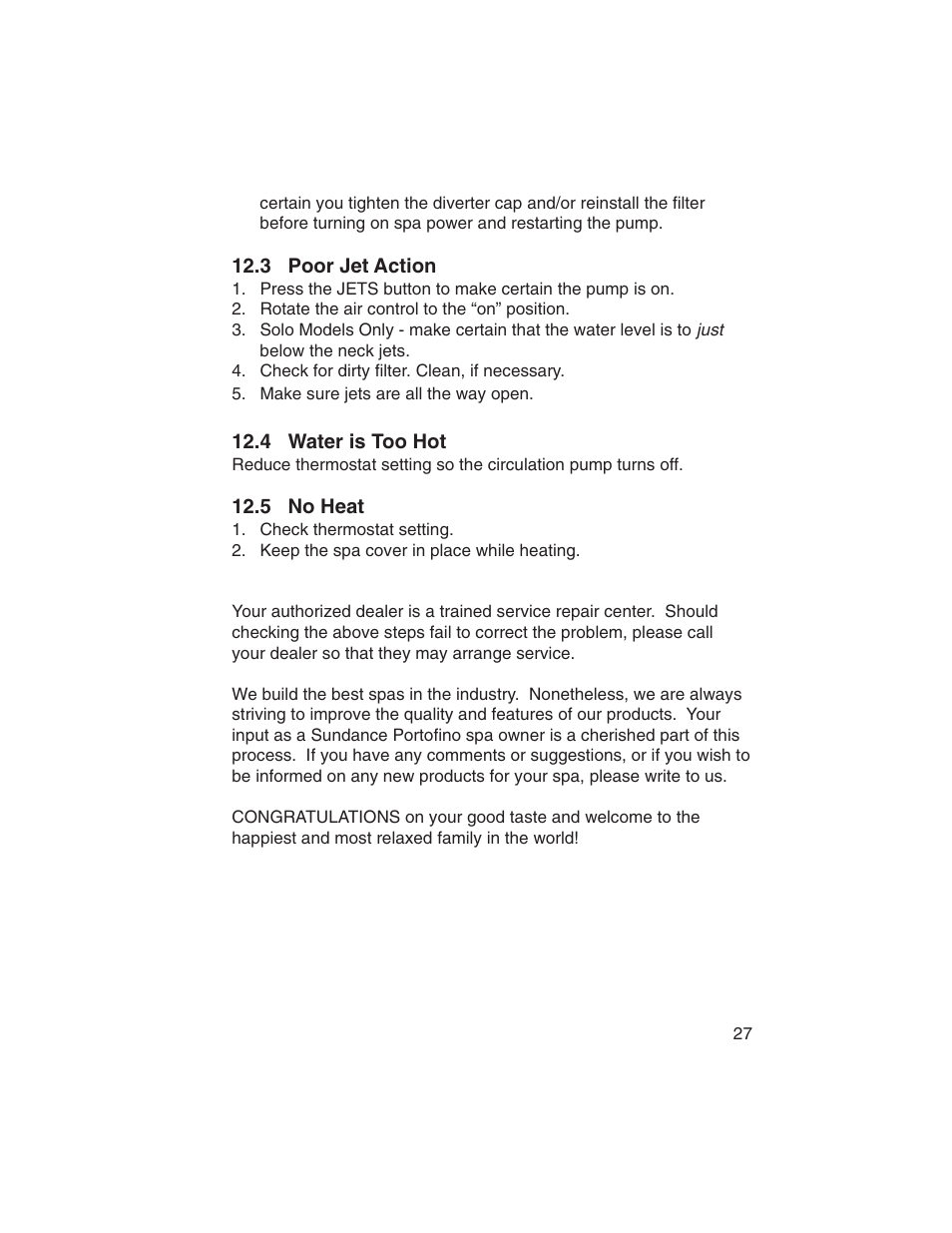 3 poor jet action, 4 water is too hot, 5 no heat | Sundance Spas Portofino Series User Manual | Page 31 / 44