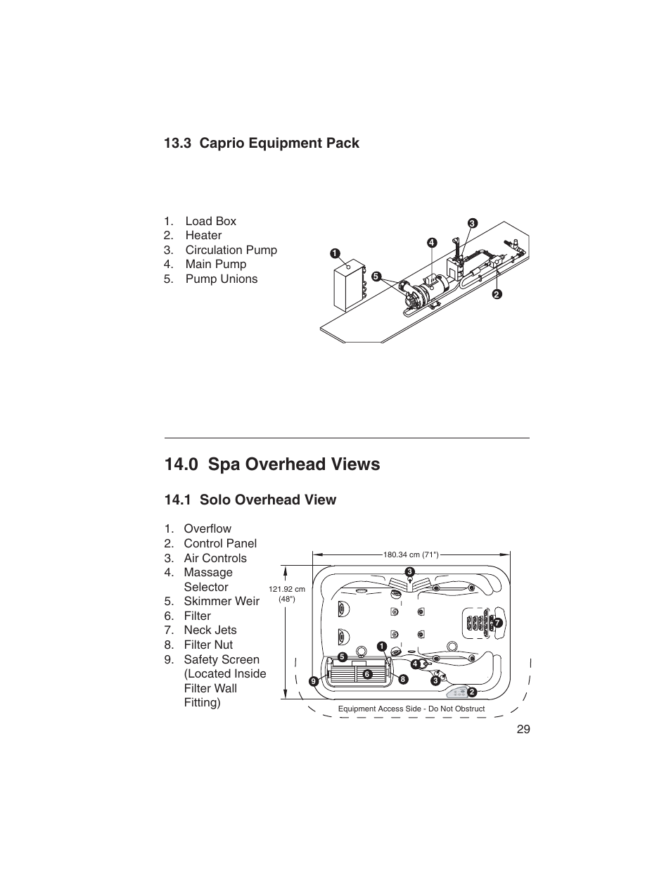 3 caprio equipment pack, 0 spa overhead views, 1 solo overhead view | Sundance Spas Portofino Series User Manual | Page 33 / 44