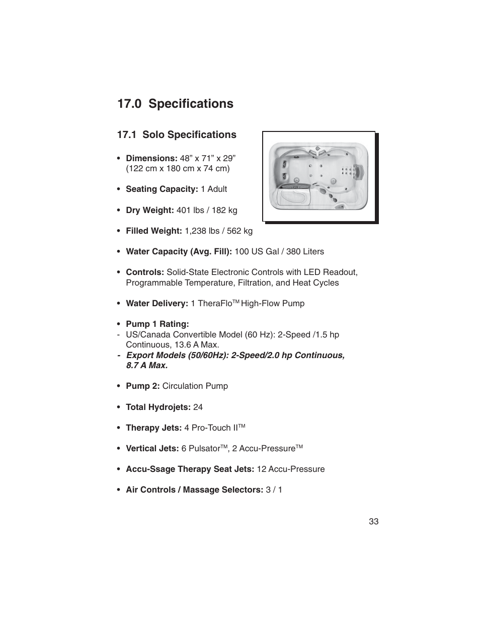 0 specifications, 1 solo specifications | Sundance Spas Portofino Series User Manual | Page 37 / 44