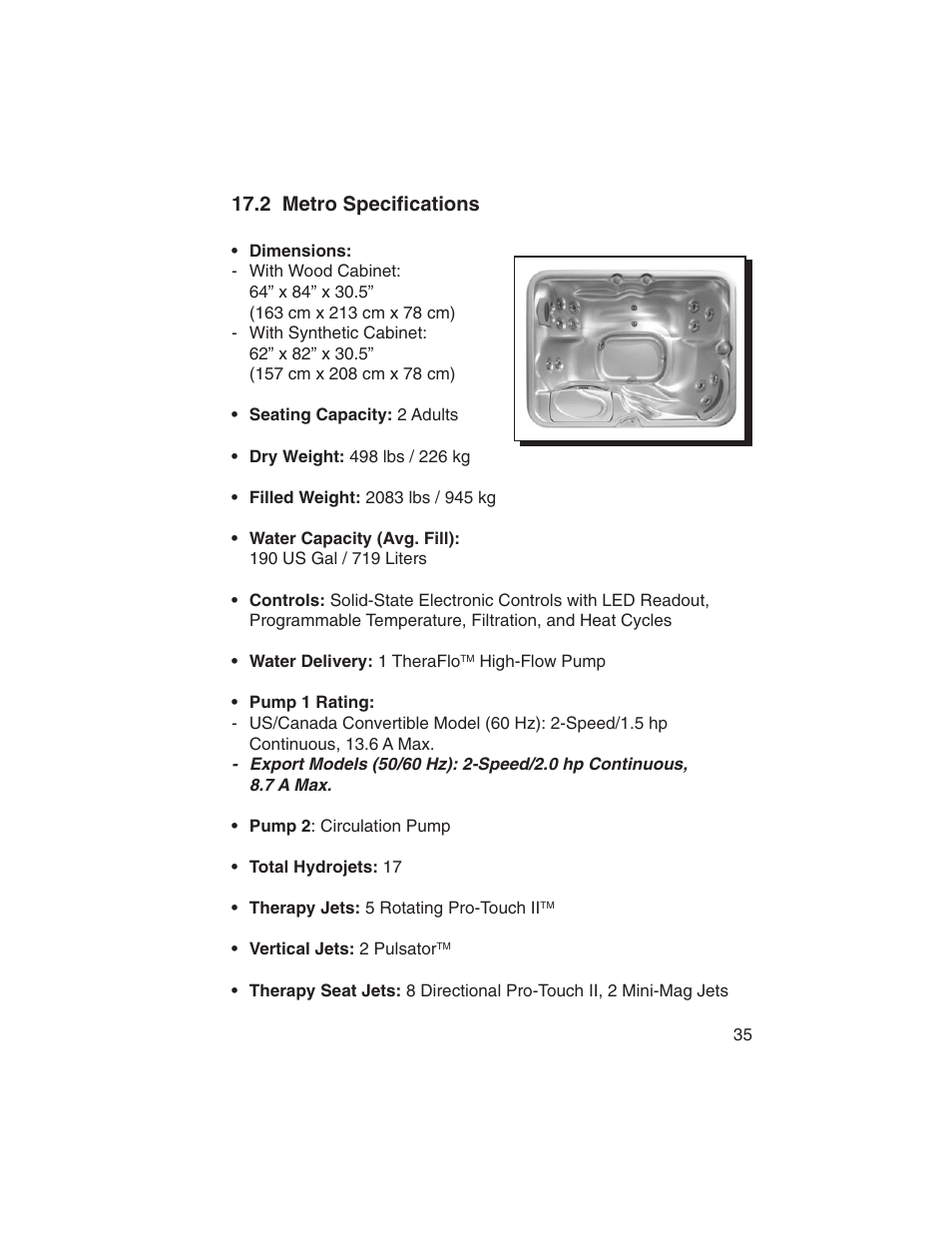 2 metro specifications | Sundance Spas Portofino Series User Manual | Page 39 / 44