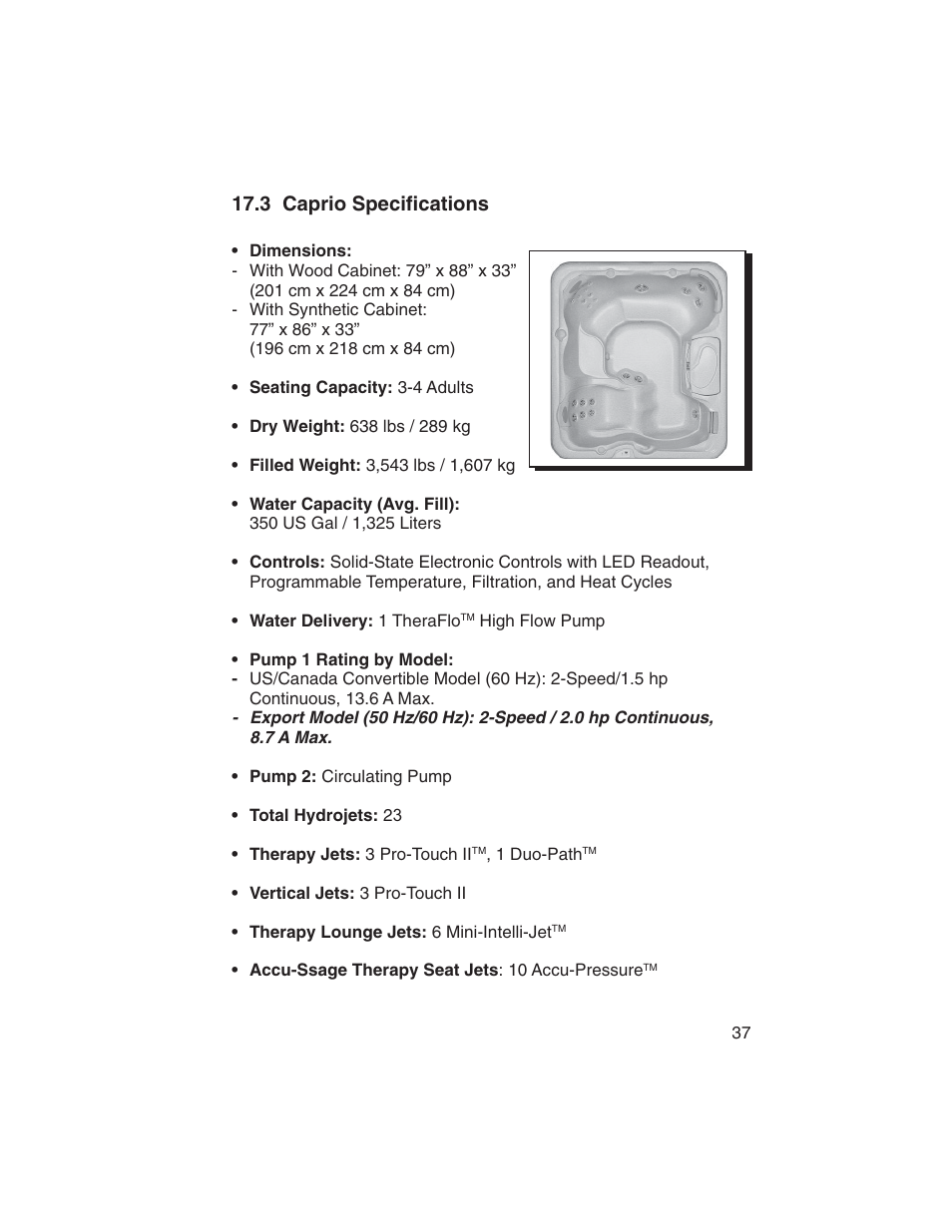 3 caprio specifications | Sundance Spas Portofino Series User Manual | Page 41 / 44