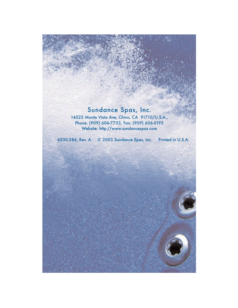 Rear cover/company address, Sundance spas, inc | Sundance Spas Portofino Series User Manual | Page 44 / 44