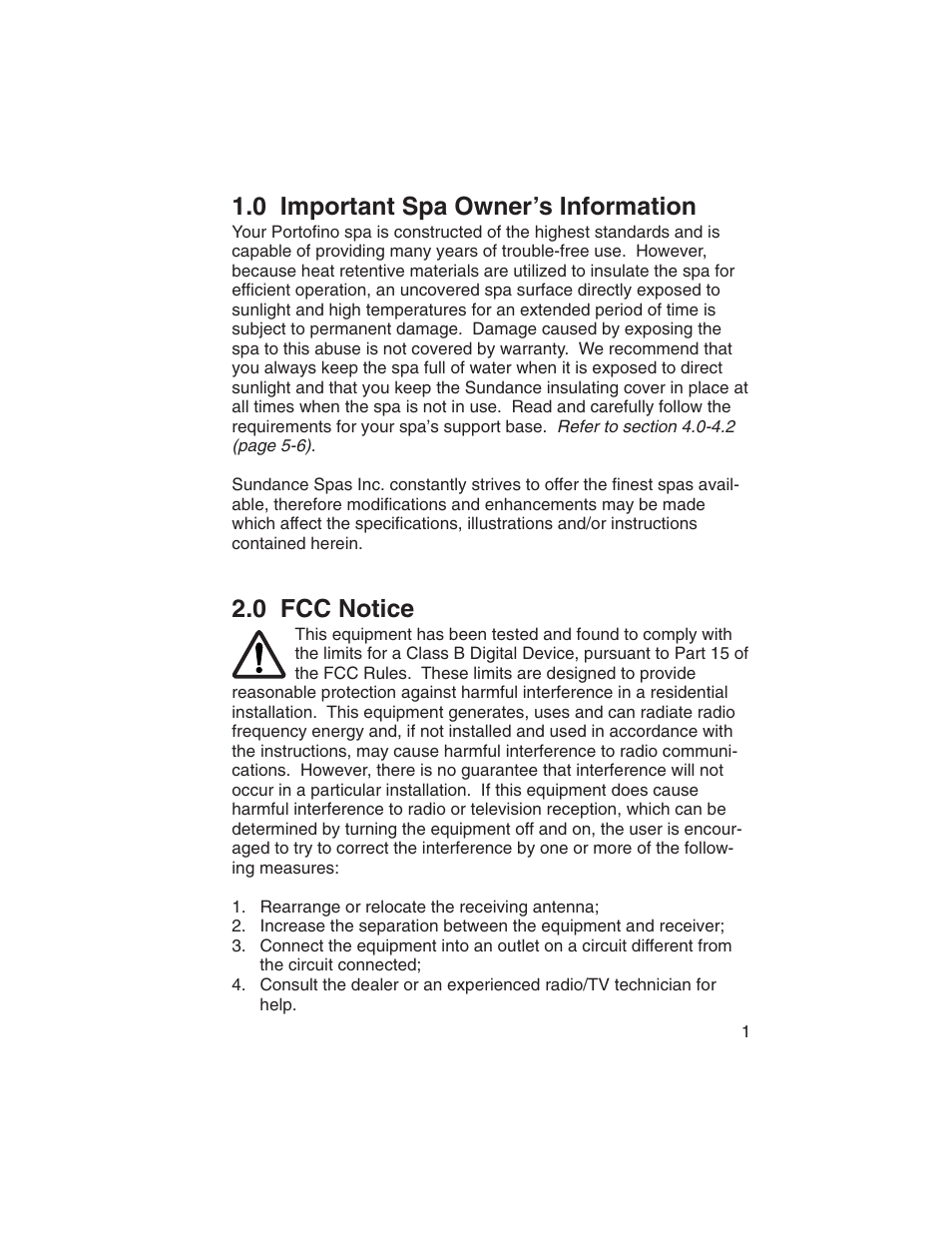 0 important spa owner’s information, 0 fcc notice | Sundance Spas Portofino Series User Manual | Page 5 / 44