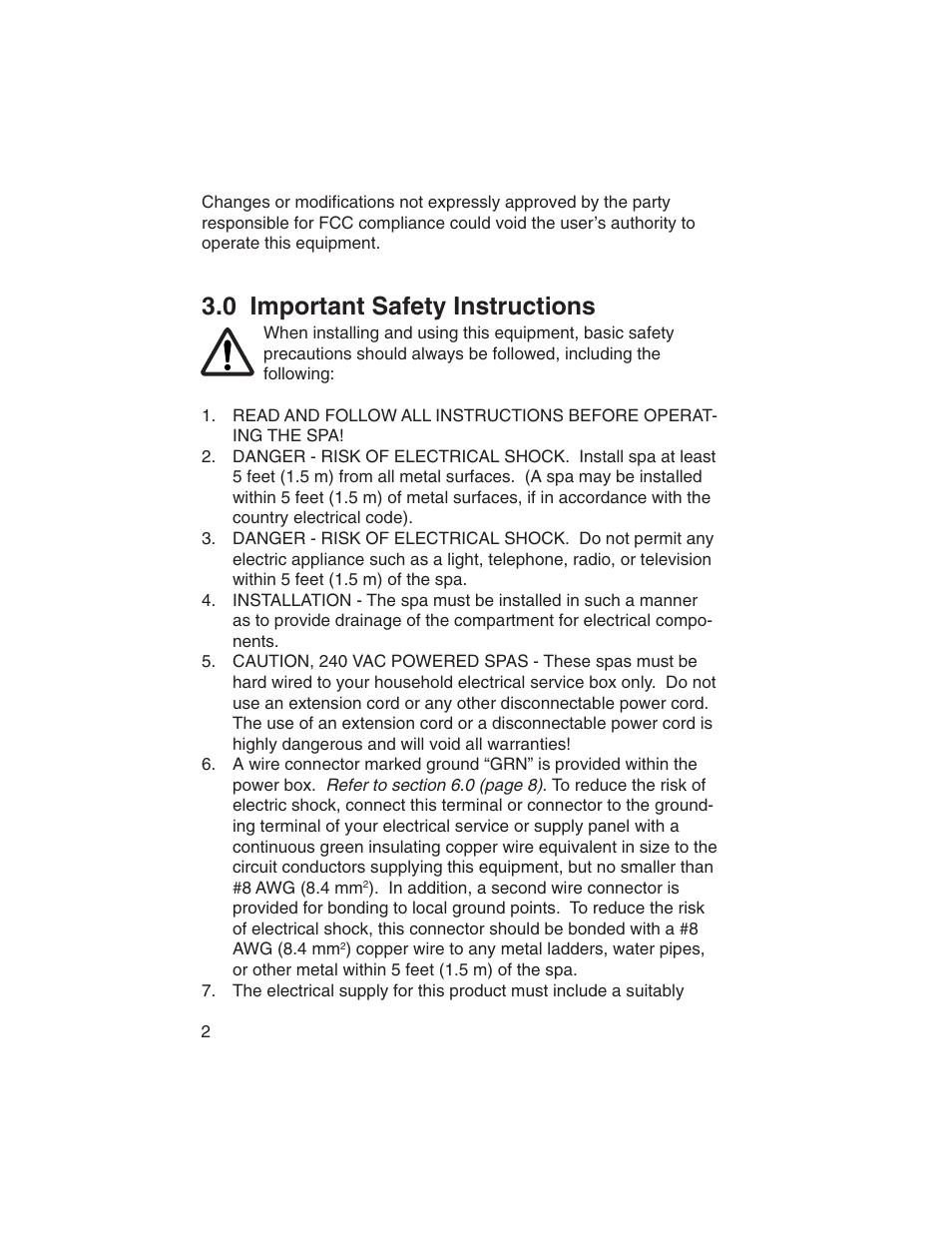 0 important safety instructions | Sundance Spas Portofino Series User Manual | Page 6 / 44