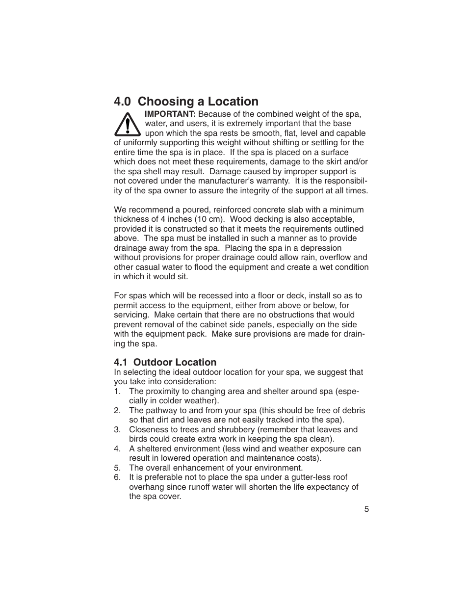 0 choosing a location, 1 outdoor location | Sundance Spas Portofino Series User Manual | Page 9 / 44