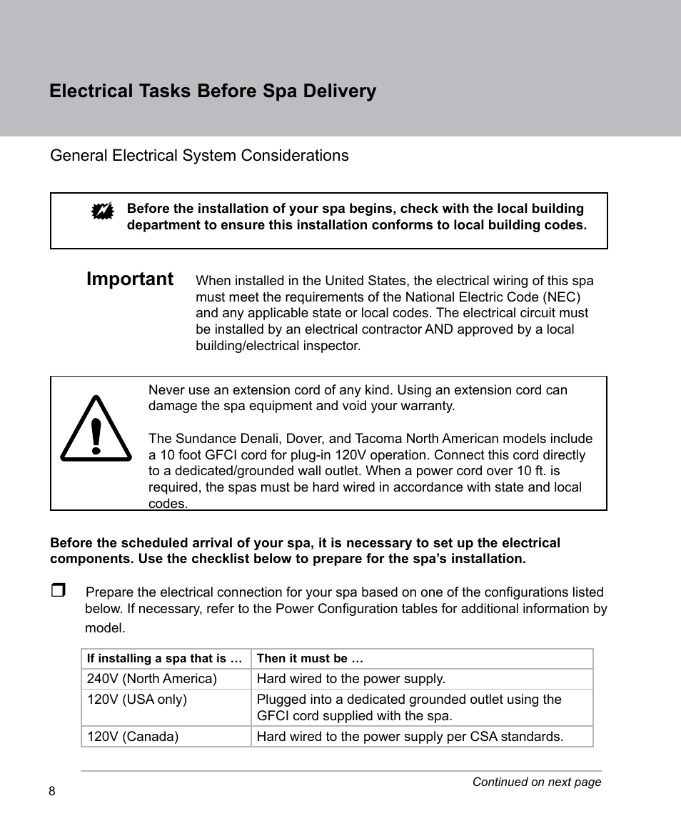 Electrical tasks before spa delivery, Important | Sundance Spas Spas 880 Series User Manual | Page 10 / 32